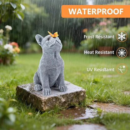 Dog Statue with Solar Butterfly, Cute French Bulldog Garden Statue Outdoor Decor for Outside Yard Lawn Patio Porch, Resin Garden Art Home Decorations Figurine, Dog Lovers Gifts for Women Mom