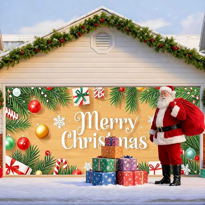 IVN Christmas Garage Door Cover Decoration 13x6ft Wood Texture Pine Garlands Gifts Candy Canes Merry Christmas Winter Garage Door Banner Home Door Front Yard Decor for Xmas Eve Holiday Outdoor