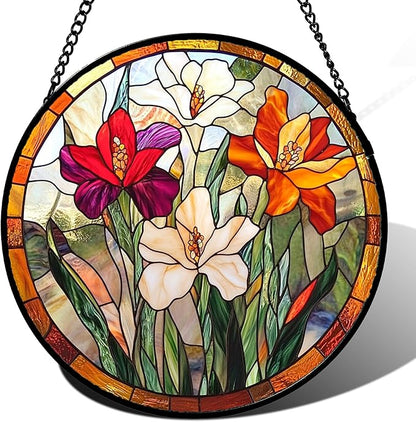 Stained Glass Window Hanging - Colorful Flower Suncatcher for Door Garden Home Decor Wildflowers Sun Catcher Christmas Birthday for Friend Lovers Women Mom Nana 9.8 in