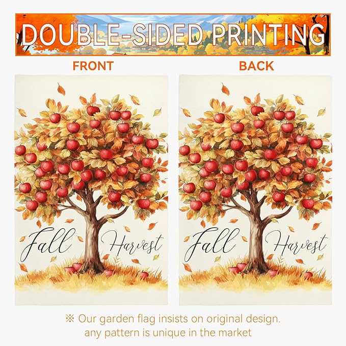 Fall Garden Flag Red Apple Fall Harvest Yard Flag Autumn Tree Maple Leaves Vertical Double Sided Garden Flags Thanksgiving Holiday House Banner Outside Decorations 12x18 Inch