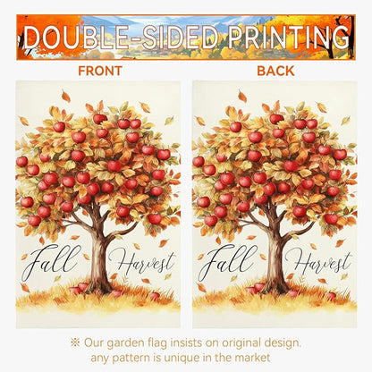 Fall Garden Flag Red Apple Fall Harvest Yard Flag Autumn Tree Maple Leaves Vertical Double Sided Garden Flags Thanksgiving Holiday House Banner Outside Decorations 12x18 Inch