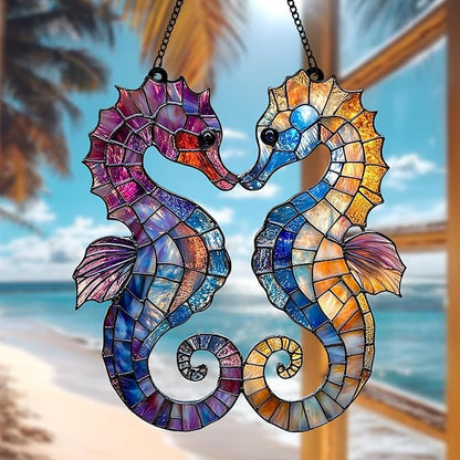 Seahorse Acrylic Suncatcher - Faux Stained Glass Indoor Window Hanging Ornament, Outdoor Sun Catcher Panel, Home Decor Gift for Sea Creature Lovers