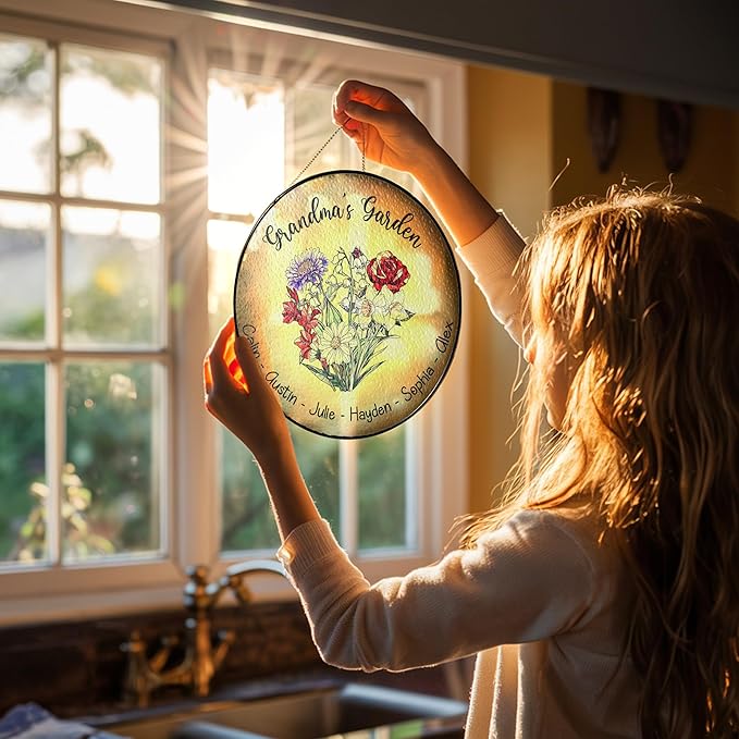 Personalized Grandma’s Garden Stained Glass Window Hanging Ornament, Custom Birth Month Flowers with Kids’ Names, Grandma Love Grows Here Floral Art Decoration, for Mom Grandma/3