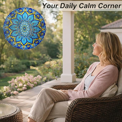 Hanging Wind Spinner 12 Inch, Mandala 3D Stainless Steel Wind Spinner, Garden Yard Patio Decor, Indoor Window Wall Art for Meditation, Mindfulness, Breathwork, Calming Gift