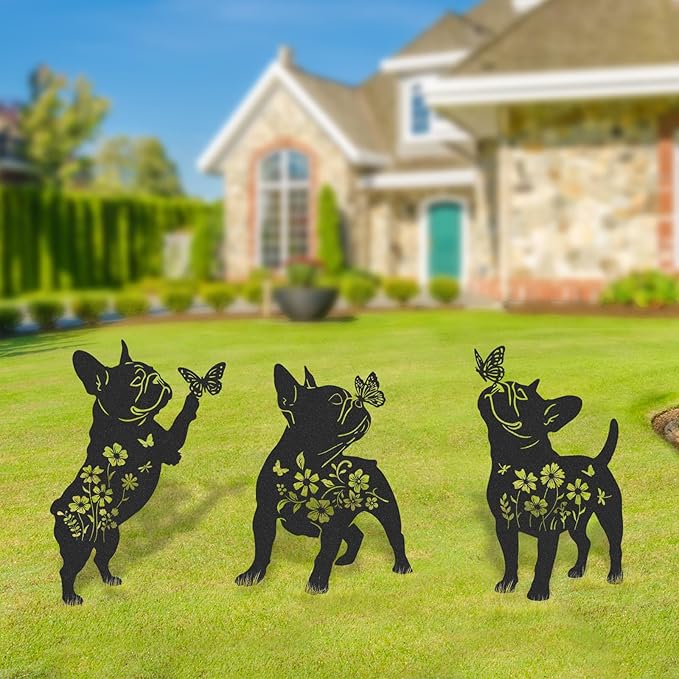 French Bulldog Gifts Decor - 3 Pcs Metal Garden Stakes Outdoor Animal Statue Decorations Patio Lawn Pathway Yard Art Ornaments Butterfly Flower Silhouette Christmas Birthday for Dog Lover