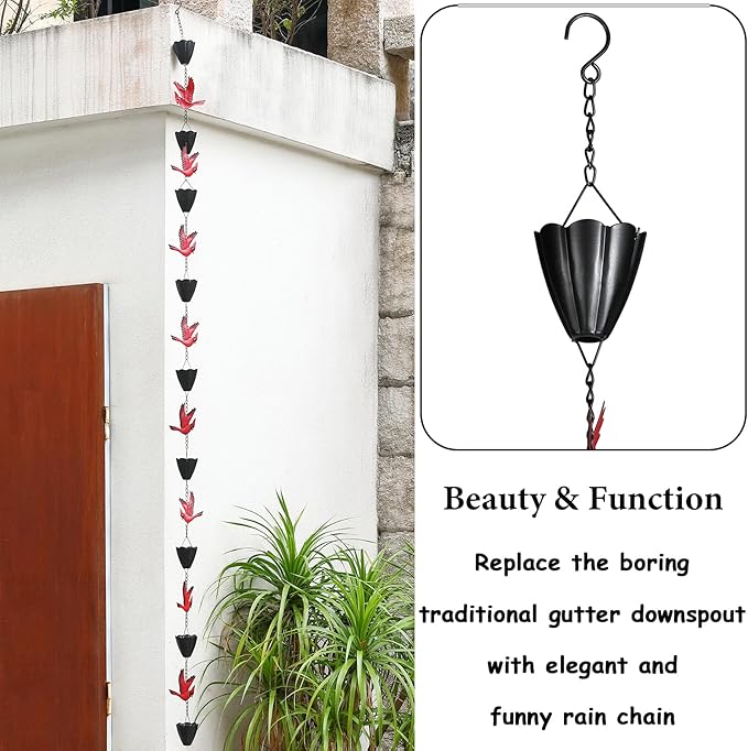 Cardinal Rain Chain, 8.5Ft Rain Chains for Gutters and Downspouts, Metal Decorative Rain Catcher Chain, Bird and Cup Rainwater Gutter Chimes for Outside, Outdoor Garden Decor
