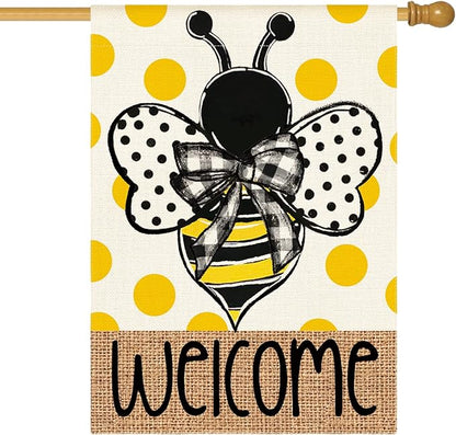 AVOIN colorlife Summer Polka Dot Bee Welcome House Flag 28x40 Inch Double Sided Outside, Seasonal Holiday Burlap Yard Outdoor Decoration