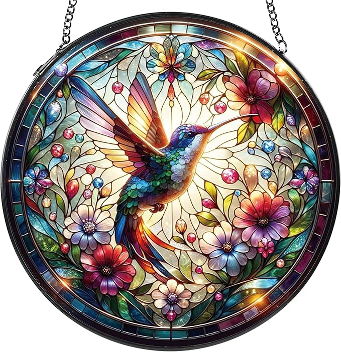 Hummingbird Stained Glass Window Hanging, 8" Round Hummingbird Suncatcher, Floral Decorative Glass Art for Home Garden, Memory Gift for Mom and Grandma