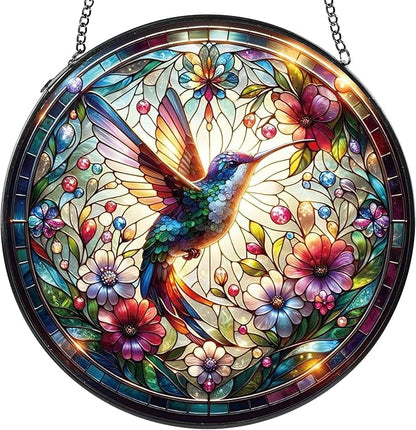 Hummingbird Stained Glass Window Hanging, 8" Round Hummingbird Suncatcher, Floral Decorative Glass Art for Home Garden, Memory Gift for Mom and Grandma