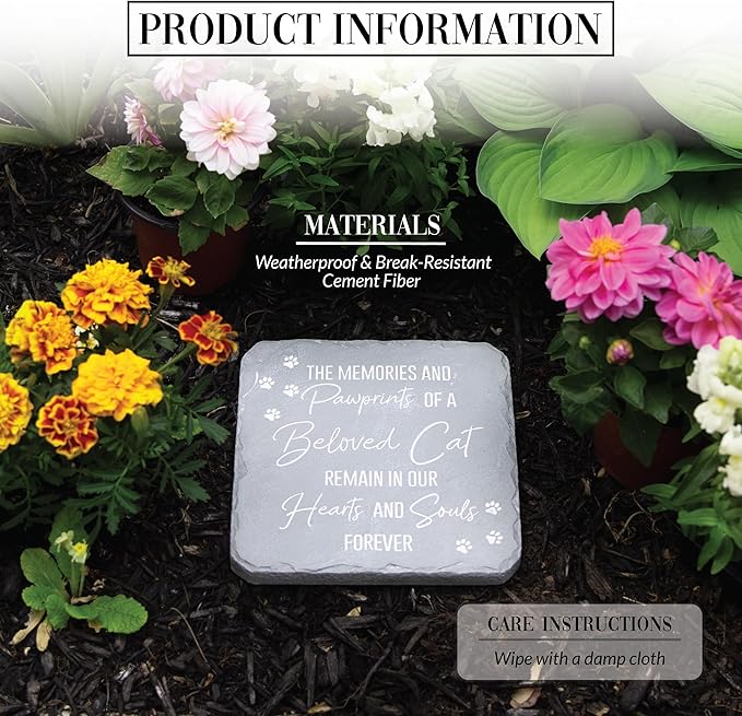 Pavilion Gift Company 25313 Cat Memorial-7.75" x 7.75" Garden Stone, Light Gray, White