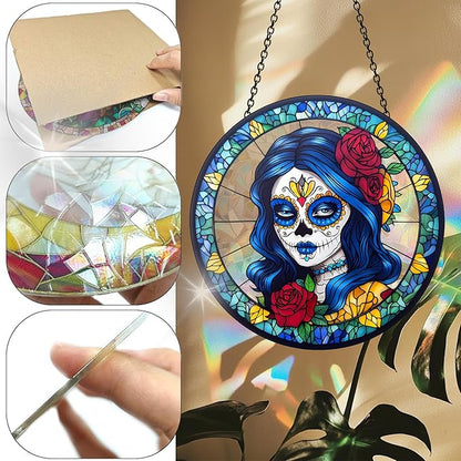 VAIIEYO Skull Women Acrylic Sun Catcher Window Hanging Decoration, 7.8 Inch Double-Sided Light Reflecting Ornament for Window, Garden, Porch or Balcony Decor, Housewarming, Gift for Natural Lovers