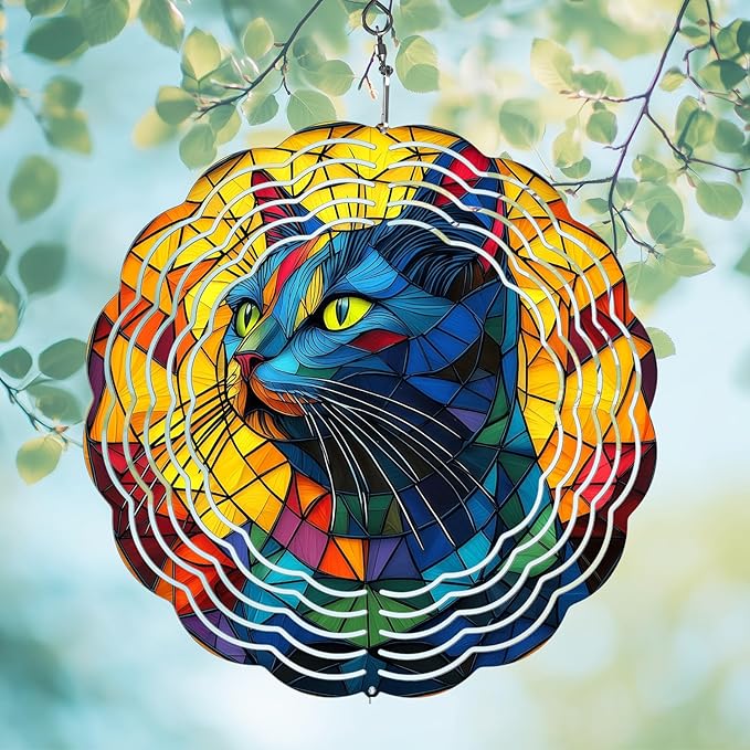 Cat Wind Spinners Outdoor, Hanging Wind Spinner for Garden Decoration, 8 inch 3D Stainless Steel Metal Wind Sculpture for Indoor/Outdoor Decor