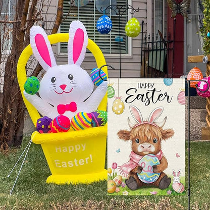 Heyfibro Happy Easter Highland Cow Bunny Garden Flag 12x18 Double Sided Burlap, Cute Cow with Bunny Ears & Easter Egg Yard Banner for Spring Holiday Farmhouse Yard Outdoor Decor(ONLY FLAG)