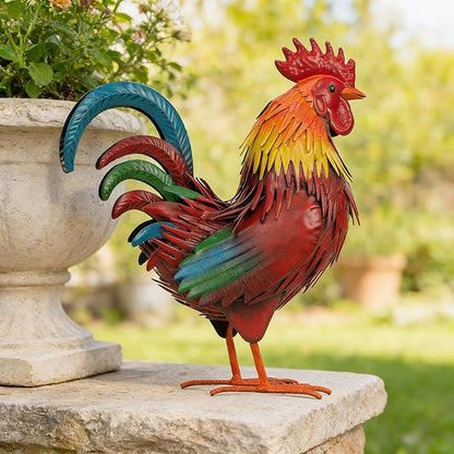 Ratuor Rooster Garden Statue Sculpture Metal Chicken Yard Decor Outdoor Figurines Patio Backyard Decoration (red)