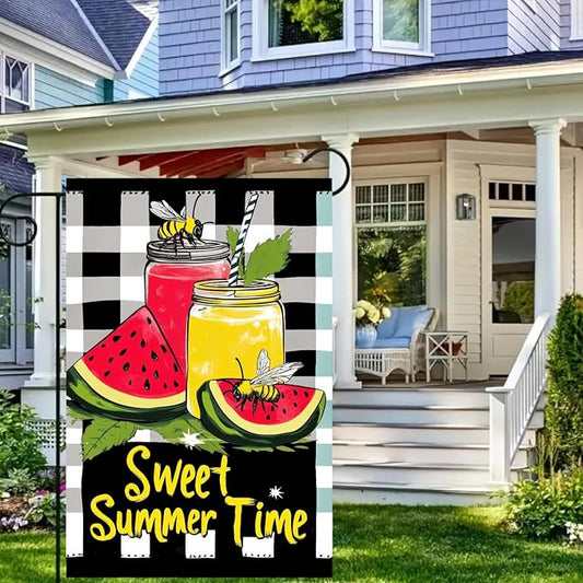 BlissYard Sweet Summer Time Garden Flag Watermelon Buffalo Plaid Lemon Welcome Small Flags for Outside Double Sided Juice Seasonal Banner Farmhouse Outdoor Yard Decoration 12x18 Inch