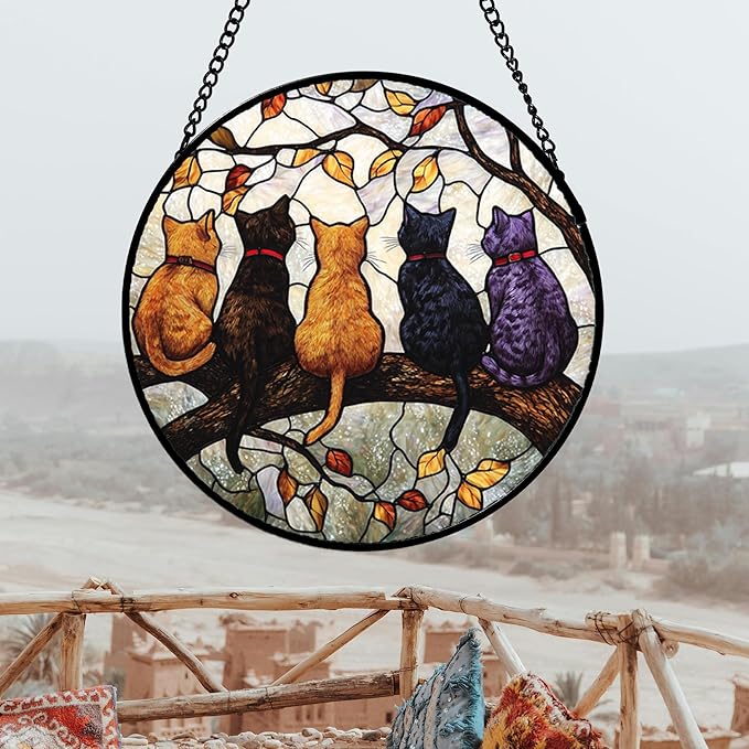 DASTOLL Stained Glass Window Hanging - 5 Cats on a Branch Suncatcher for Window Doors Home Decoration and Christmas, Mother's Day Father's Day Birthday Gifts for Women, Men, and Mom 14.9x14.9 in