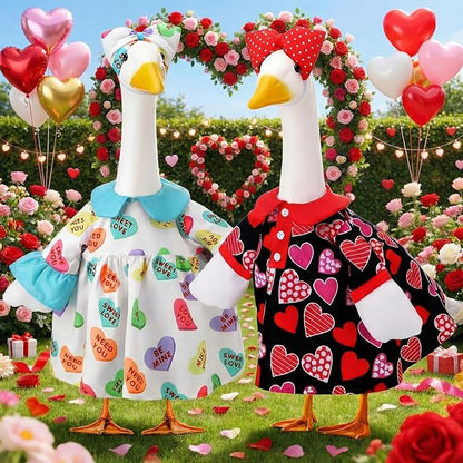 Abbylike 2 Set Weeding Porch Goose Outfit Conversation Heart Yard Goose Costume Clothes Fits Large 23'' Cement for Valentine's Day Garden Pathway Statue Decor