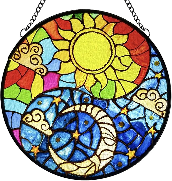 Suncatcher Indoor/Outdoor Stained Glass Window Hanging - Sun and Moon Handmade Stained Glass Suncatchers Hanging with Hook and Chain - Decoration for Home Garden Christmas Wedding Housewarming Gifts