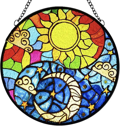 Suncatcher Indoor/Outdoor Stained Glass Window Hanging - Sun and Moon Handmade Stained Glass Suncatchers Hanging with Hook and Chain - Decoration for Home Garden Christmas Wedding Housewarming Gifts