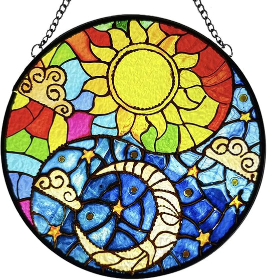 Suncatcher Indoor/Outdoor Stained Glass Window Hanging - Sun and Moon Handmade Stained Glass Suncatchers Hanging with Hook and Chain - Decoration for Home Garden Christmas Wedding Housewarming Gifts