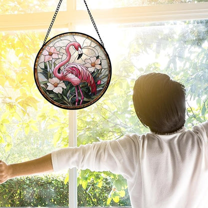 DASTOLL Stained Glass Window Hanging, Flamingo Flower Sun Catchers Diamond Glass Panel Hangings Pink Suncatcher Decor for Birthday for Women, Men, Wife, Aunt, and Mom 7.8 in