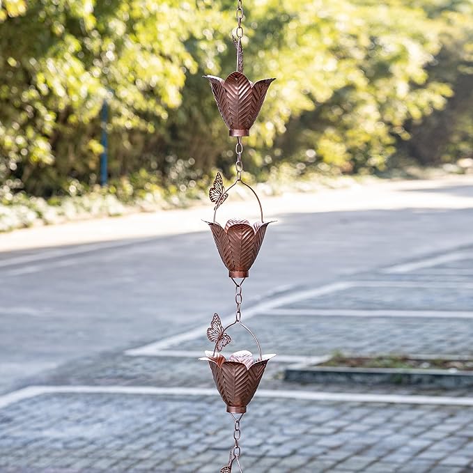 TZSSP Rain Chains Decorative Rain Chain Bell with 10 Cups, Rain Chain for Gutters,8-1/2 Length,102 Inch,Butterfly