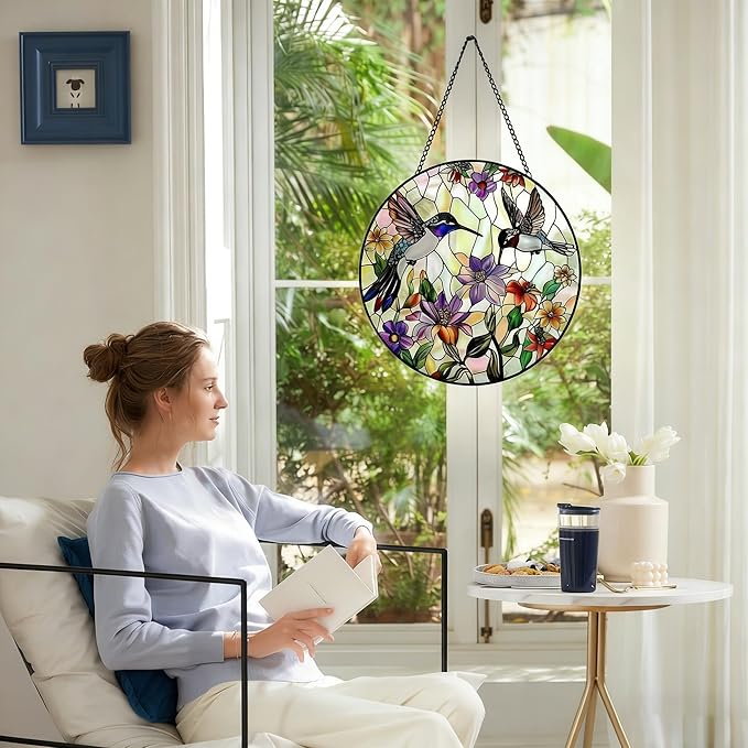 9.8In Hummingbird Stained Glass Window Hanging, Large Stained Glass Suncatcher for Indoor Home Decor, Vibrant Bird & Flower Window Suncatcher Ornament for Garden, Ideal Gift for Women Mom Bird Lovers