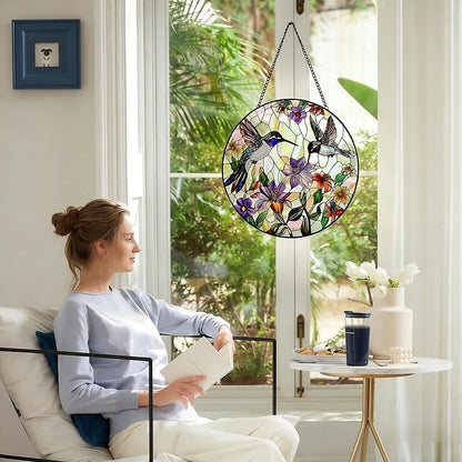 9.8In Hummingbird Stained Glass Window Hanging, Large Stained Glass Suncatcher for Indoor Home Decor, Vibrant Bird & Flower Window Suncatcher Ornament for Garden, Ideal Gift for Women Mom Bird Lovers