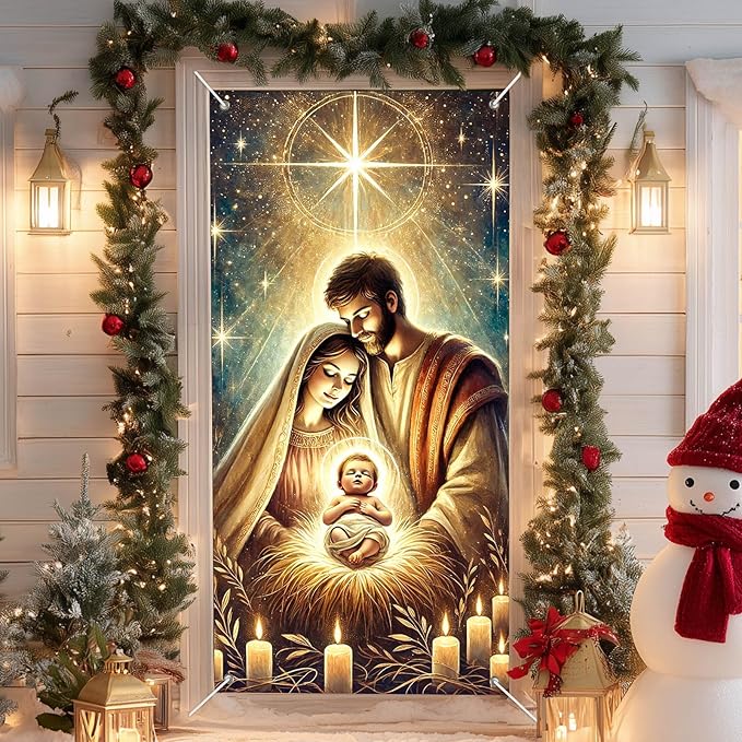 IVN Christmas Door Cover Decoration 71 x 35 in Holiday Banner Glowing Nativity Scene with Radiant Infant and Holy Family Photo Backdrop Indoor Outdoor for Front Door Party Decorations