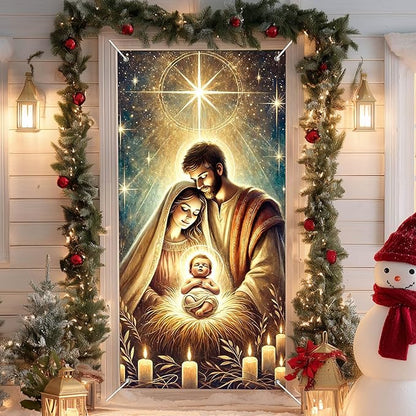 IVN Christmas Door Cover Decoration 71 x 35 in Holiday Banner Glowing Nativity Scene with Radiant Infant and Holy Family Photo Backdrop Indoor Outdoor for Front Door Party Decorations