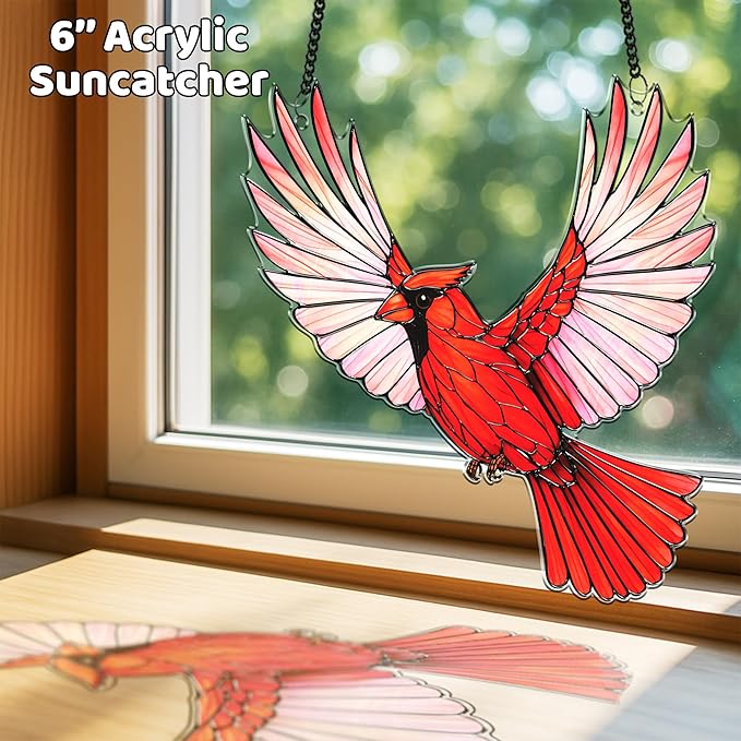 2 Cardinal Hummingbird Acrylic Suncatchers, 6" Bird Window Hanging Ornaments, Fall Decorations for Home Window Door, Birthday Christmas Bird Lover Gifts for Women, Friends, Memorial Keepsake SS351