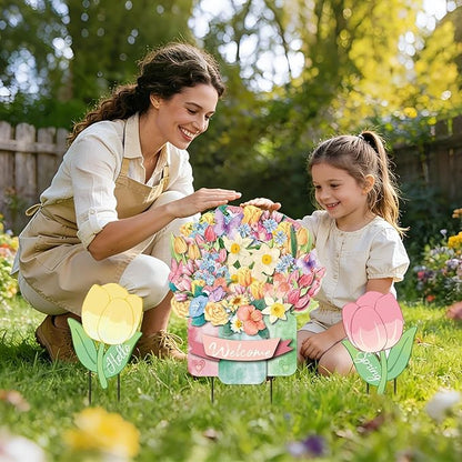 3Pcs Hello Spring Welcome Flower Yard Stakes Metal Floral Outdoor Decor, 2-in-1 Decorative Tulip Flower Sign for Garden Patio Yard Wall Hanging Floral Ornaments with Rope Rustic Spring Decor