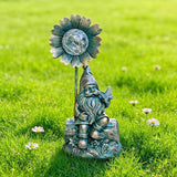 Solar Gnome Sculpture with Butterfly on Hand, Wood Base & Iron Flower Glass Ball for Outdoor Garden