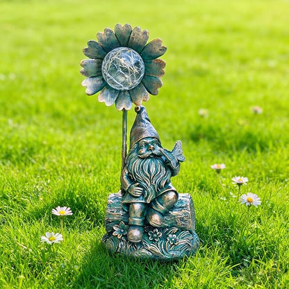 Solar Gnome Sculpture with Butterfly on Hand, Wood Base & Iron Flower Glass Ball for Outdoor Garden
