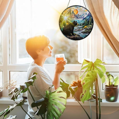 Bimkole Bear Stained Glass Suncatcher Window Hanging - Animal Tree Indoor Window or Doorway Decoration - Handmade Sun Catcher Decor for Garden Home Christmas & Birthday Gifts 7.87x7.87 inch