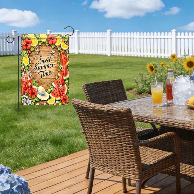 Nuxovilar Summer Garden Flag Sweet Summer Time Lemon Watermelon Flower Pattern Polyester 12x18 Inches Garden Flags for Outside Seasonal Decor Yard Porch Lawn