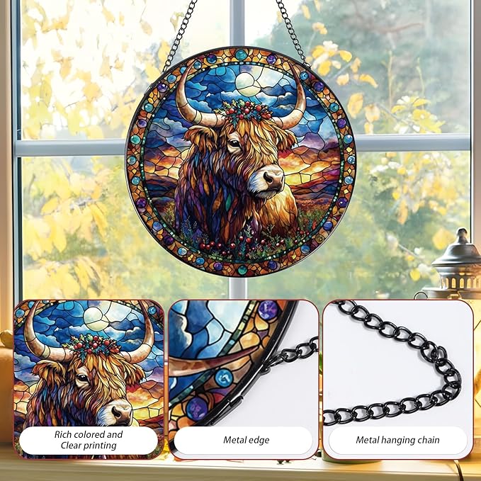 Rngmsi Stained Glass Window Hanging, 7.8″ Highland Cow Sun Catchers with Hook Indoor Window Decor, Decorative Suncatchers Hanging Ornaments Home Garden Art Gift for Housewarming