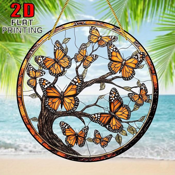 7.87Inch Butterfly Sun Catcher Acrylic Garden Cute Yellow Tree of Life Stained Suncatcher Decor Colorfu Glass for Wall Home, Garden, Housewarming Women Neighbor Decor Gifts for Mom