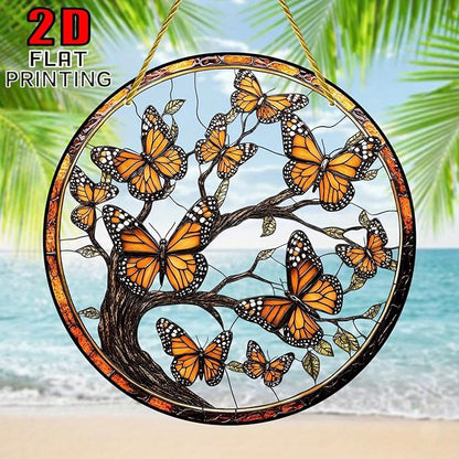 7.87Inch Butterfly Sun Catcher Acrylic Garden Cute Yellow Tree of Life Stained Suncatcher Decor Colorfu Glass for Wall Home, Garden, Housewarming Women Neighbor Decor Gifts for Mom
