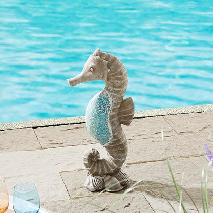 Glitzhome MGO Marine Faux Granite and Mosaic Sea Horse Statue Indoor and Outdoor Decoration, 21 "H