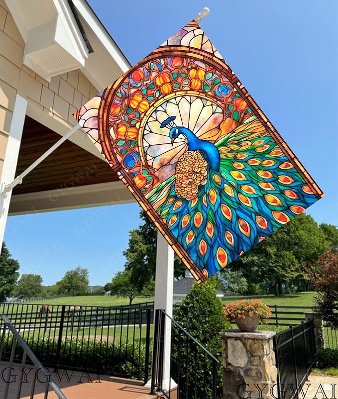 Stained Glass Peacock Spring House Flag 28x40 Inch Double Sided Large Burlap Yard Flag for Spring Summer Outdoor Outside Seasonal Decor