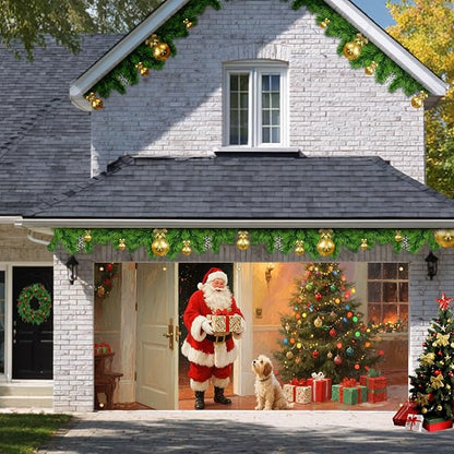 HOMETITUTE 13x6ft Christmas Garage Door Banner Santa with Dog Scene, Red Green Warm Light Backdrop Outdoor Indoor Xmas Wall Background Decor for Winter Holiday Porch Yard Seasonal Display