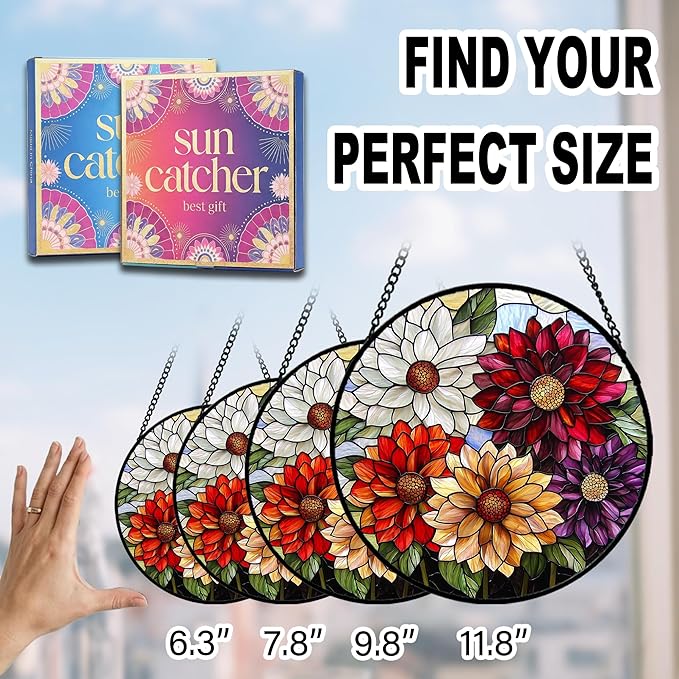 Birthday Gifts for Women - Colorful Flowers Faux Stained Glass Window Hanging Sun Catcher for Door Garden Acrylic Decor Mother's Day Christmas for Mom Nana Grandma Sisters Wife 7.8"