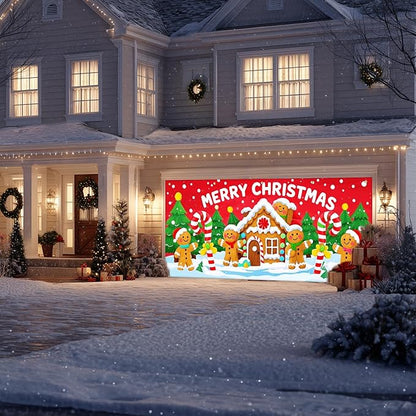 IVN Christmas Garage door banner Gingerbread House Candy Cane Characters Snowy Trees Door Cover Indoor And Outdoor Studio Background Hanging Decoration 13x6ft