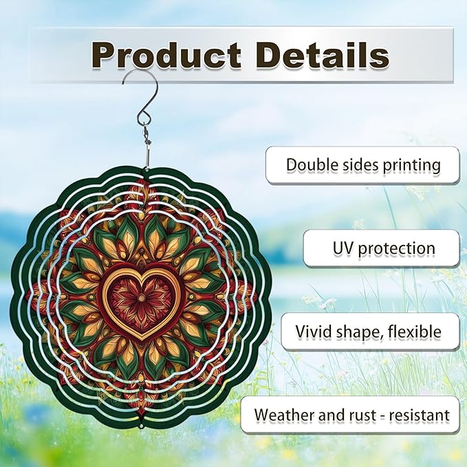 Mandala Wind Spinners Outdoor, Hanging Wind Spinner for Garden Decoration, 8 inch 3D Stainless Steel Metal Wind Sculpture for Indoor/Outdoor Decor