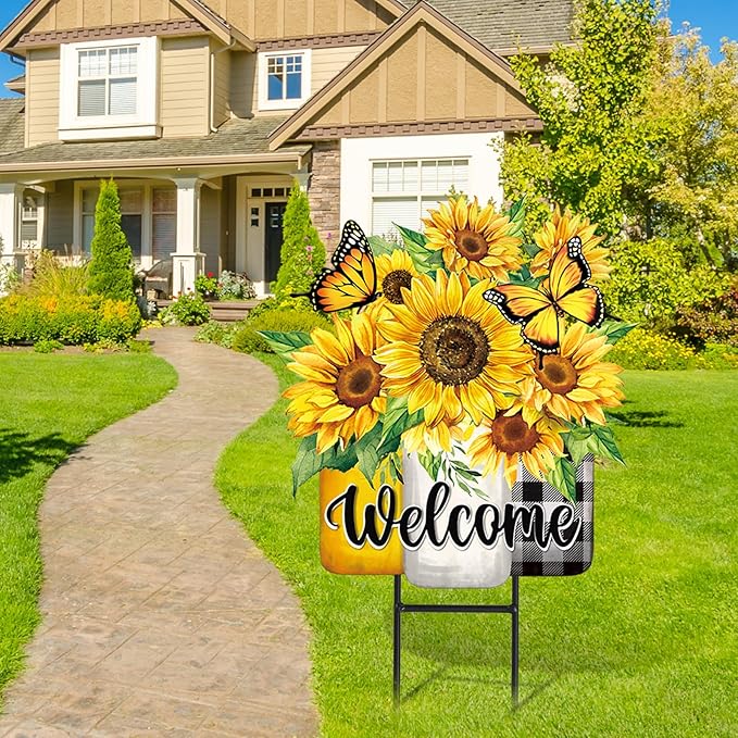 JarThenaAMCS Summer Sunflower Metal Garden Stakes Flower Welcome Yard Sign Watercolor Floral Vase Decorative Lawn Sign for Home Outside Lawn Porch Decor