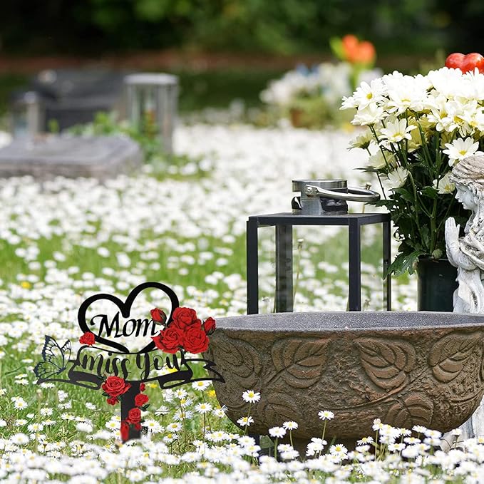 Memorial Plaques Stake Grave Decorations for Cemetery Metal Grave Plaque Markers Sympathy Waterproof Grave Stake Cemetery Decor for Mom Outdoors Garden Personalized