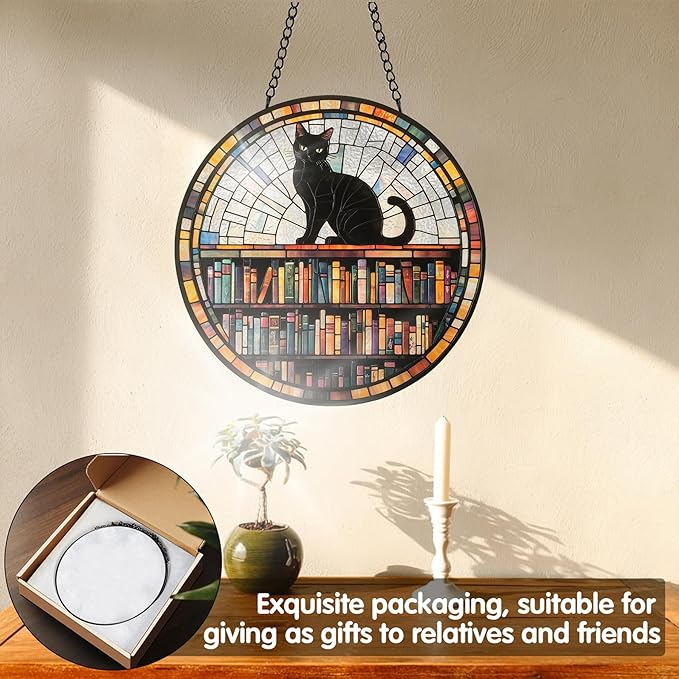 VAIIEYO Book Sun Catcher Stained Glass Window Hanging Ornament, Handmade Sun Catcher Black Cat Animal Decoration with Hooks for Window Garden Home, Christmas & Birthday Housewarming Gift (7.8 inch)
