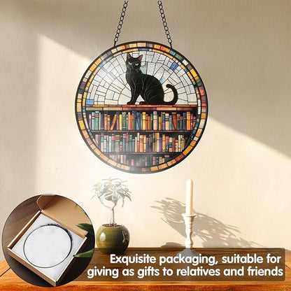 VAIIEYO Book Sun Catcher Stained Glass Window Hanging Ornament, Handmade Sun Catcher Black Cat Animal Decoration with Hooks for Window Garden Home, Christmas & Birthday Housewarming Gift (7.8 inch)