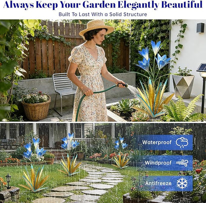 TOMBABY 32.28 Inch Metal Agave Plant Outdoor Decoration Lily Mexican Yard Art Garden Gift Home Decor Hand Painted Metal Agave Garden Yard Statue (2, Blue)